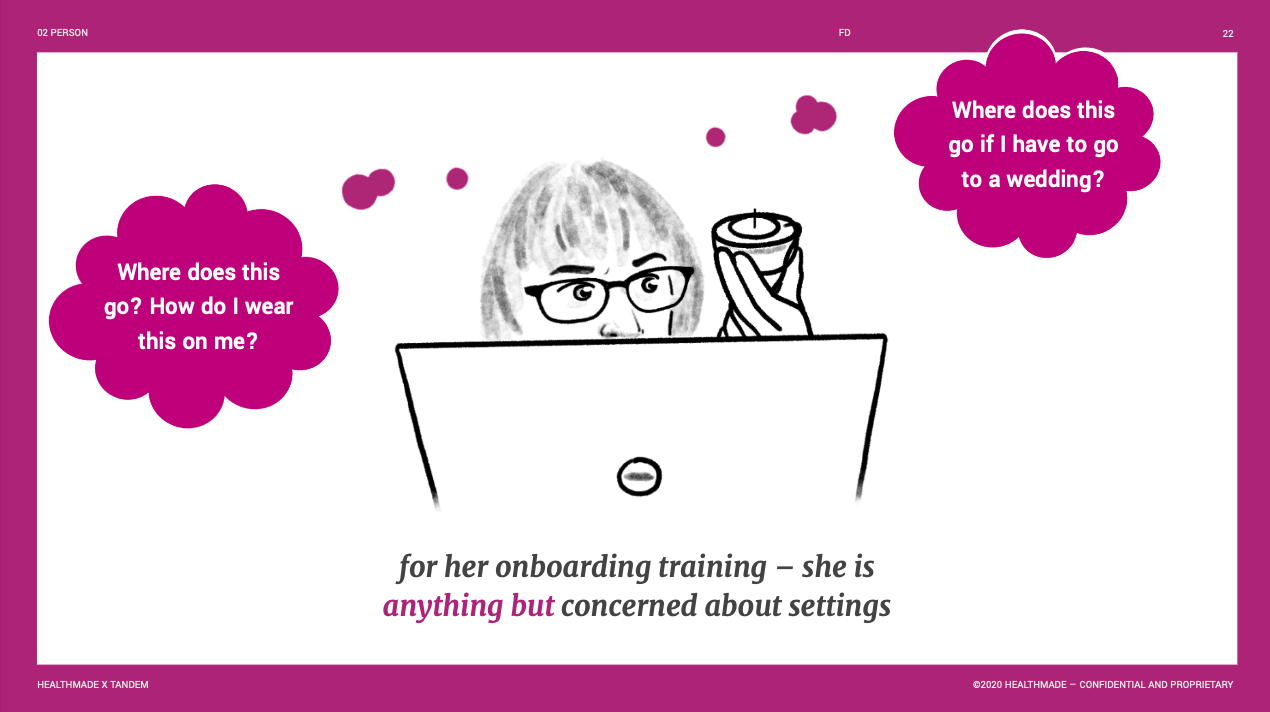 Research illustration: a woman at a laptop thinking about whether her pump is visible at a wedding, anything but concerned about pump settings